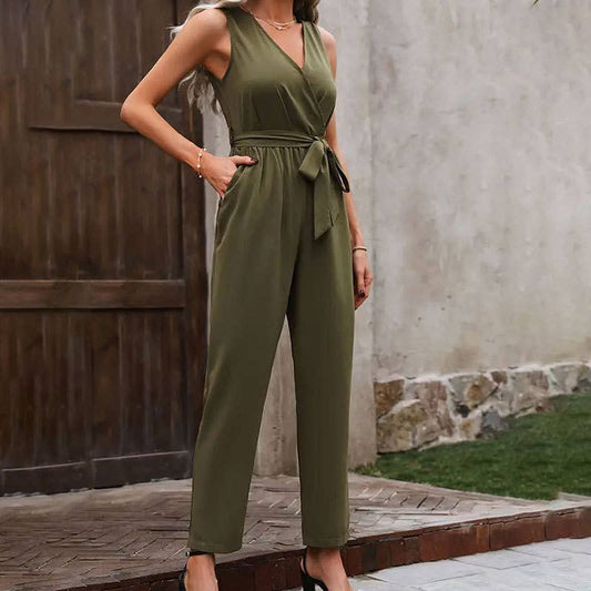 Cross-neck waistband jumpsuit
