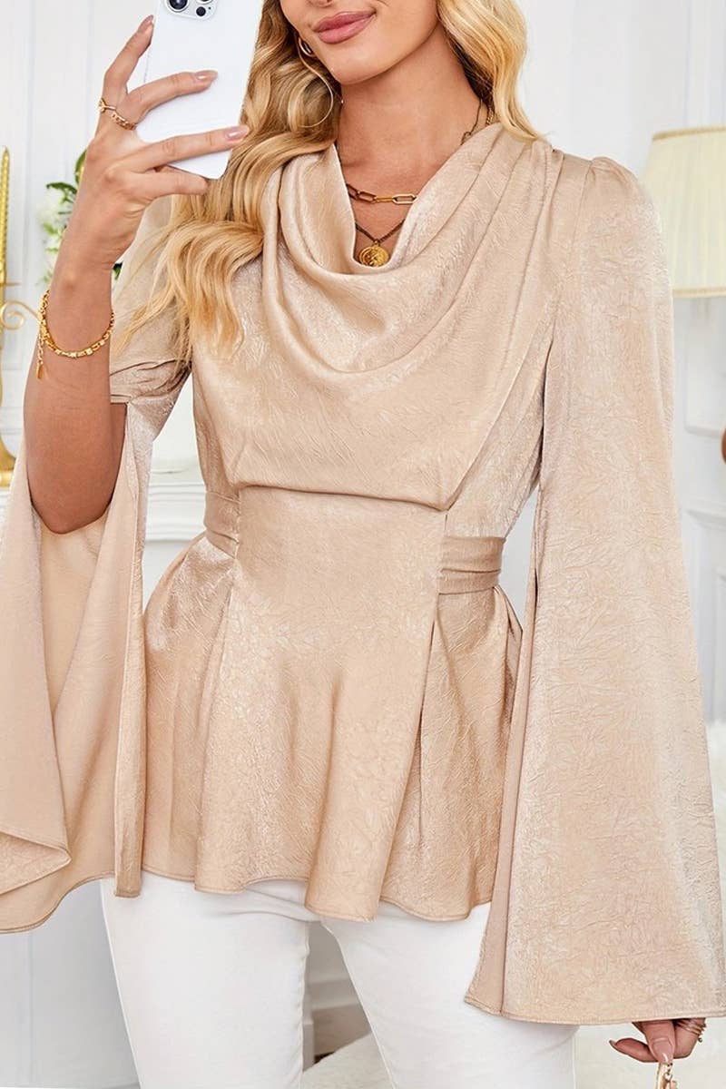 CWTSTL2812_DRAPED WAIST TIE-WAIST FITTED LONG SLEEVE TOP