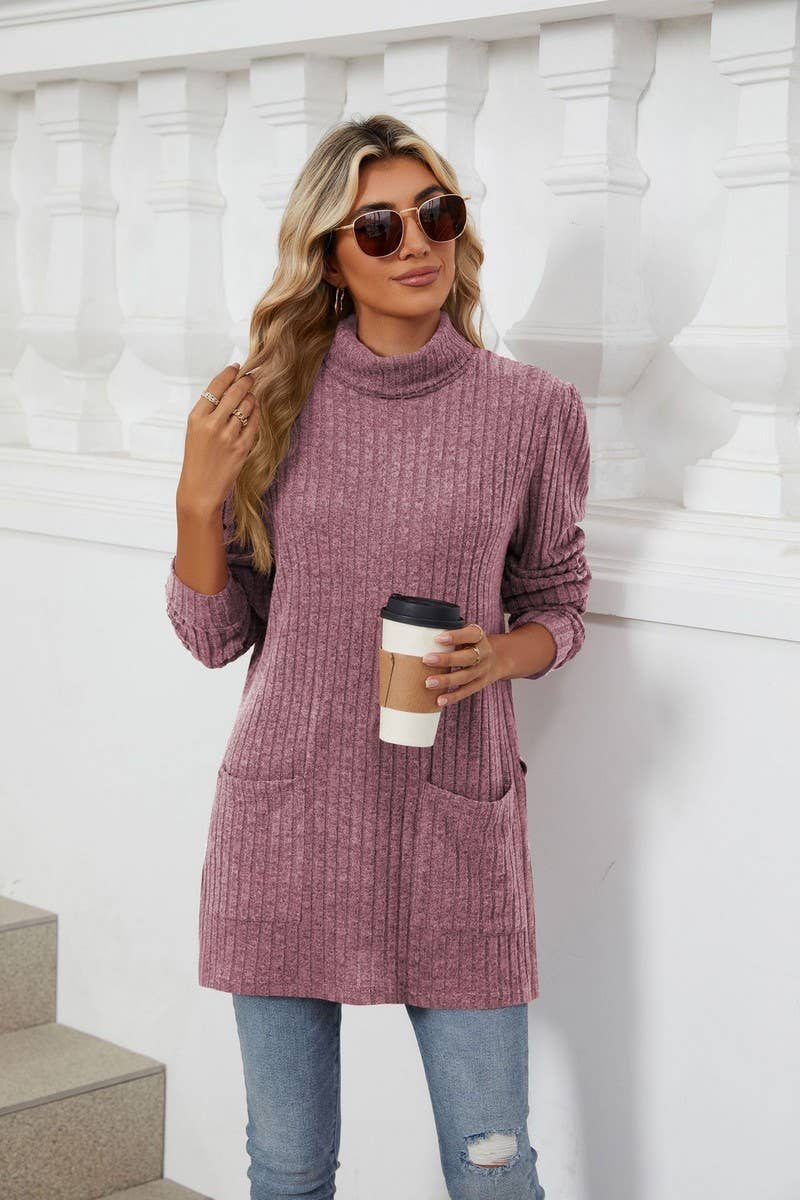 CWTBLL2363_SOLID COLOR HALF TURTLENECK SLIT POCKET TOP