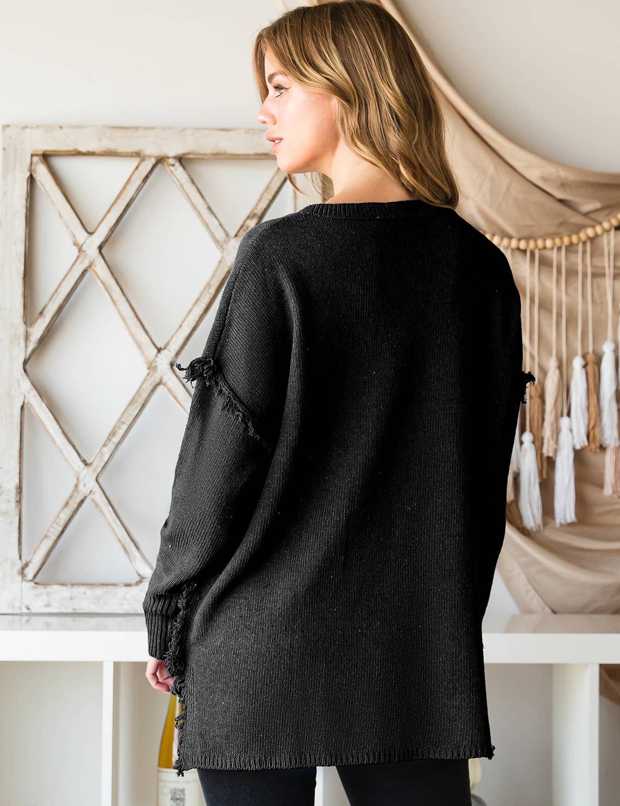 CWOSWL1832_BUTTON DOWN FRINGE SHOULDER SWEATER KNIT TOP