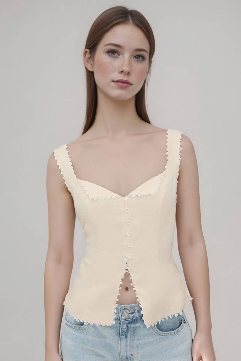 CWTTK1199_LACE TRIM BUTTON FRONT LINEN BLEND CAMI TOP