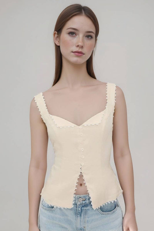CWTTK1199_LACE TRIM BUTTON FRONT LINEN BLEND CAMI TOP