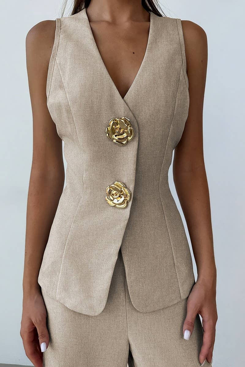 CWSTB2163_LIGHTWEIGHT V-NECK VEST & SLIT WIDE-LEG PANTS SET