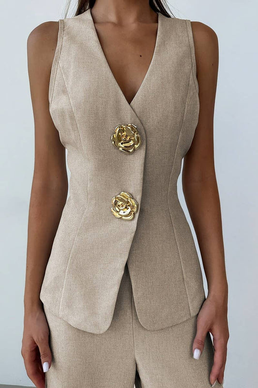 CWSTB2163_LIGHTWEIGHT V-NECK VEST & SLIT WIDE-LEG PANTS SET