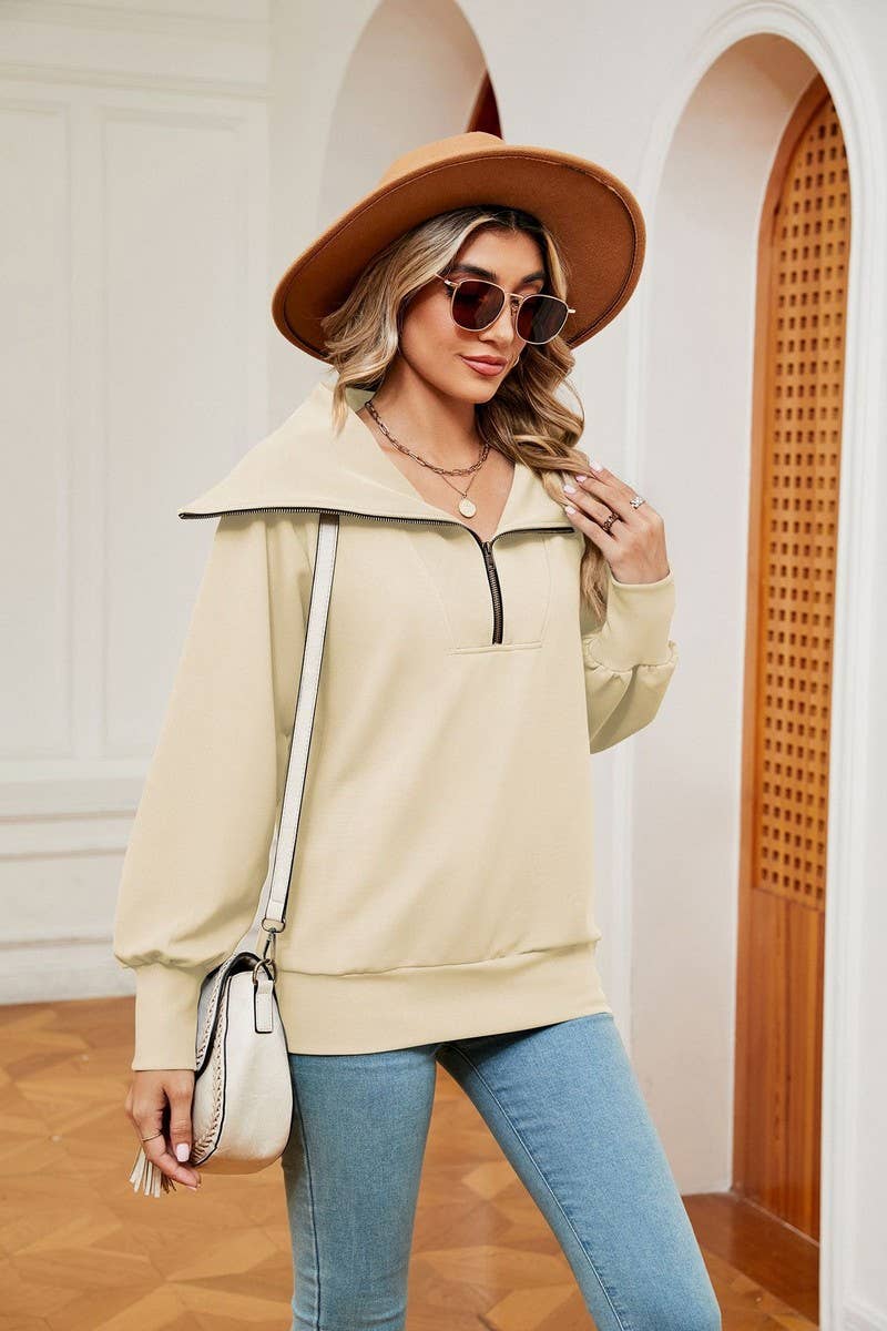 CWTBLL2400_SOLID COLOR ZIPPER LAPEL LOOSE SHAWL SWEATSHIRT