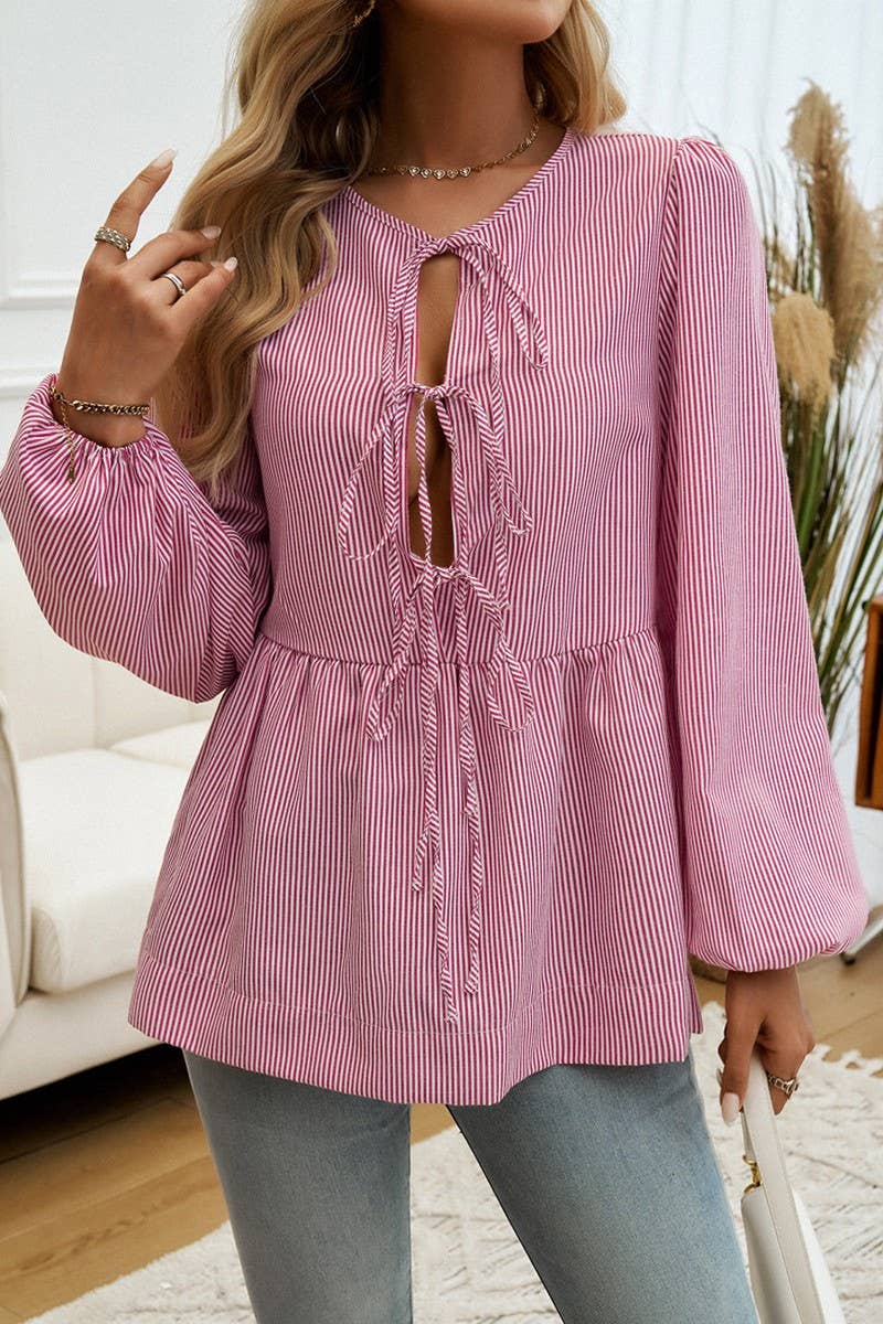 CWTSTL2742_CASUAL LOOSE STRIPED LANTERN SLEEVE TIE SHIRT