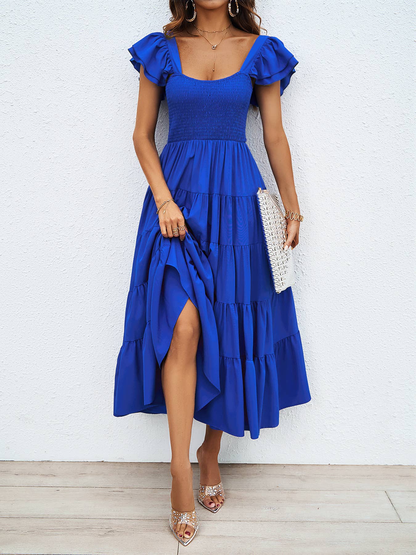 CASUAL SQUARE COLLAR PRINT PLEATED DRESS