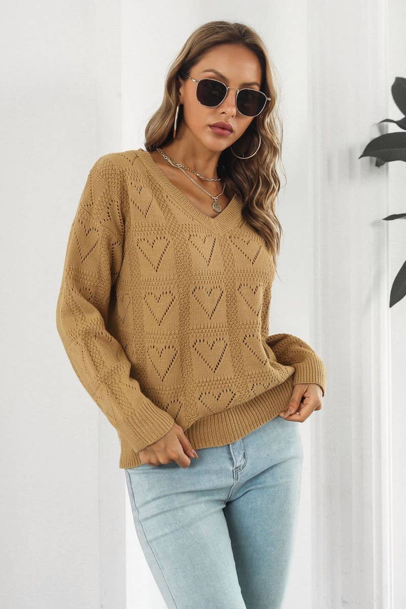 CWOSWL3968_V-NECK HOLLOW HEART PLAID KNITTED SWEATER