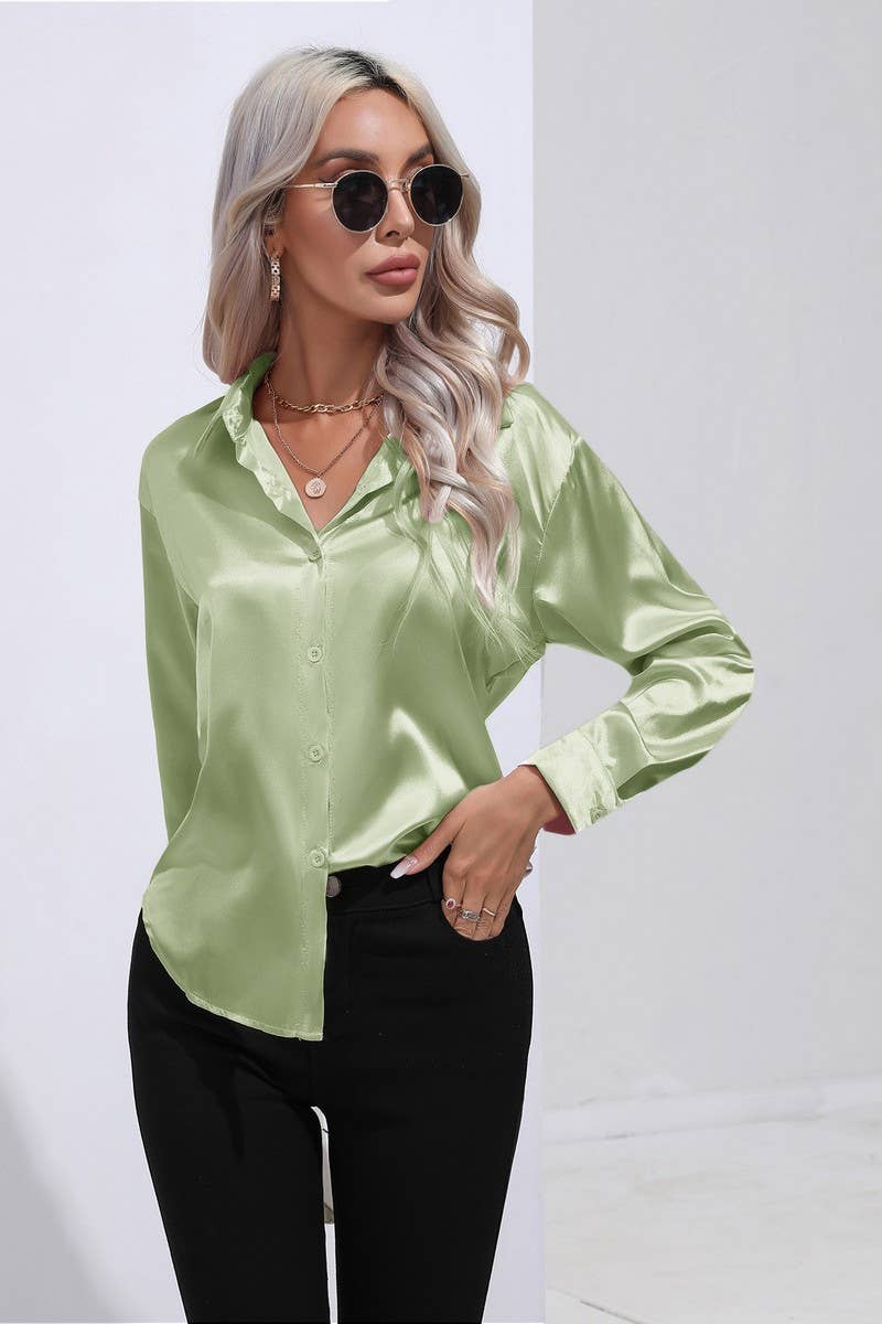 CWTBLL0690_Button Down Silky Satin Long Sleeve Top