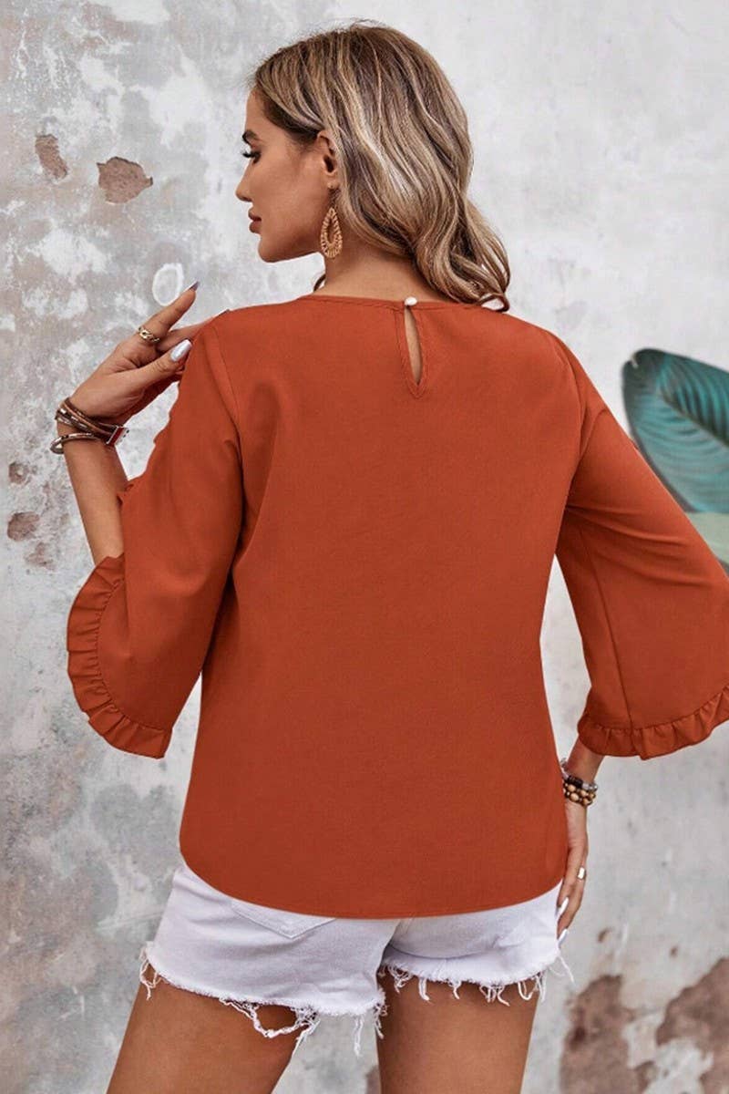 CWTBLS2263_LACE TRIM CREW NECK 3/4 SLEEVE ASYMMETRICAL TOP