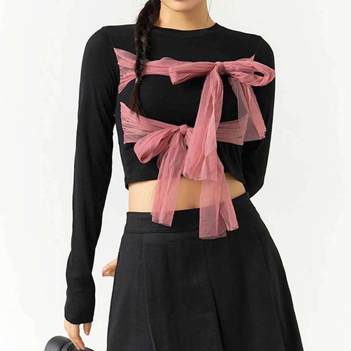COLOR CONTRAST MESH BOW STRAP CROP T-SHIRT