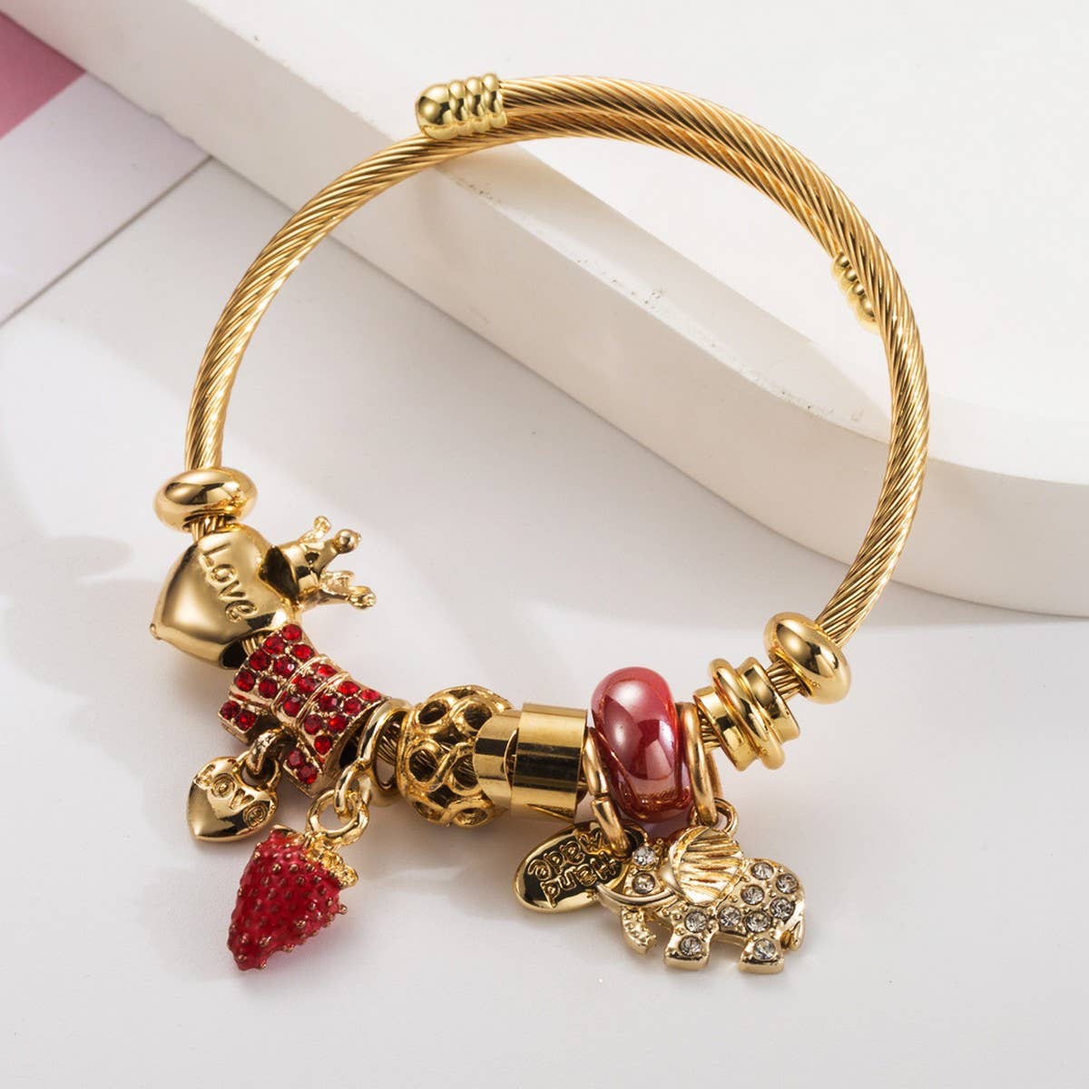 Strawberry Elephant Bead Couple Bracelet_CWMM8498