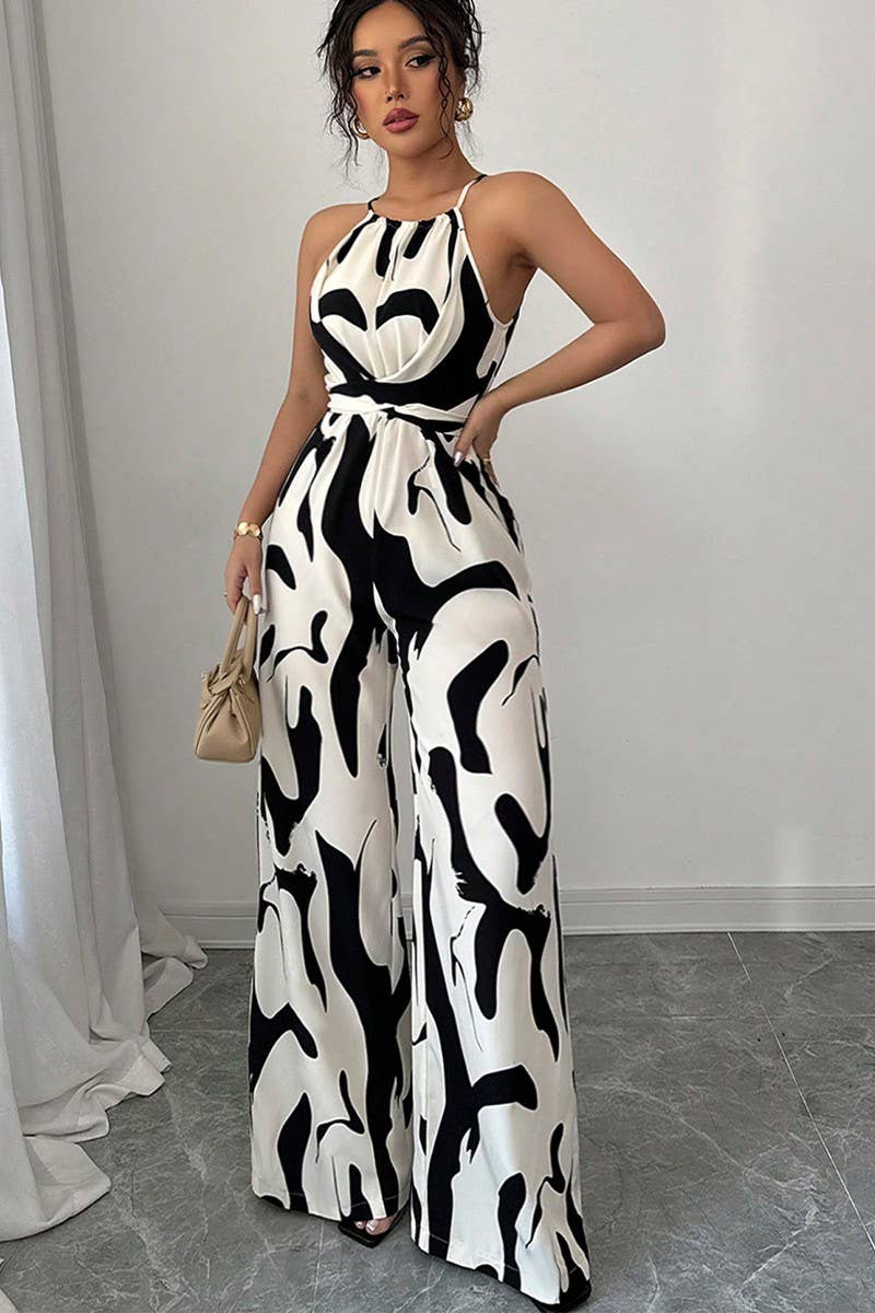 CWSJS1581_ZEBRA PRINT SPAGHETTI STRAP BELTED JUMPSUIT