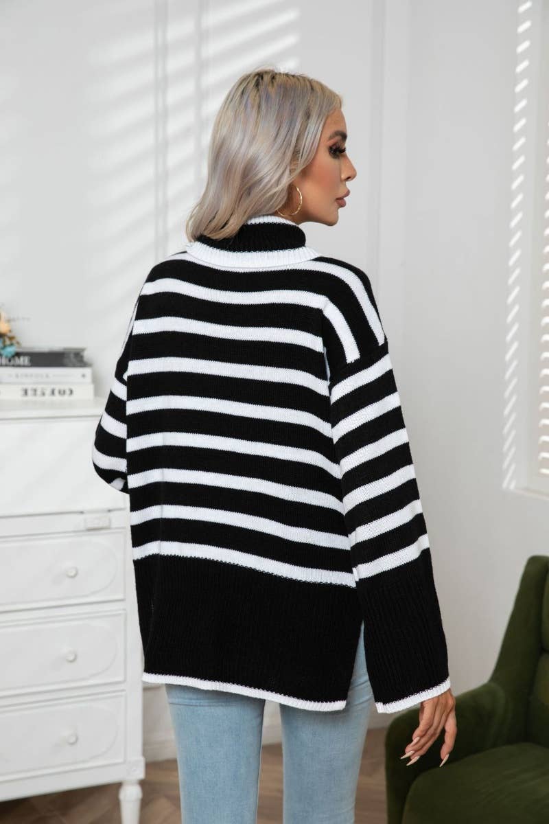 CWOSWL6371_TURTLENECK STRIPED LONG-SLEEVED SLIT SWEATER