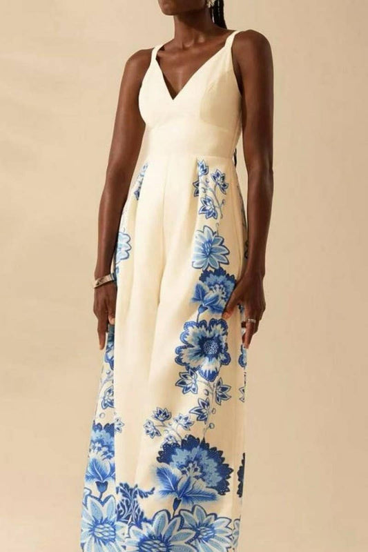 CWSJS1705_V-NECK TRENDY FLORAL CAMI WIDE LEG JUMPSUIT