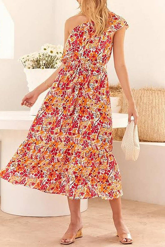 CWDMD4123_ONE-SHOULDER PRINTED TIE-NECK RUFFLE DRESS