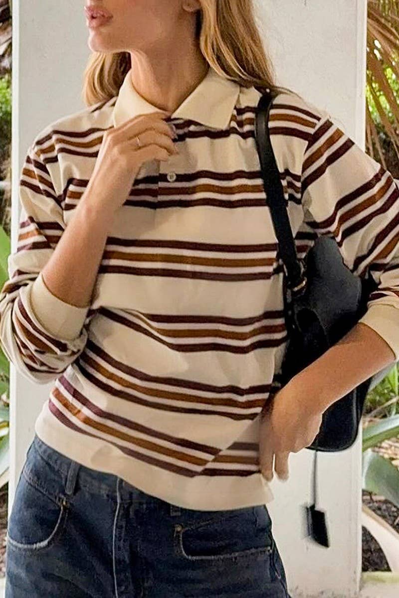 CWTBLL00563_LOOSE STRIPED POLO NECK LONG-SLEEVED TOP