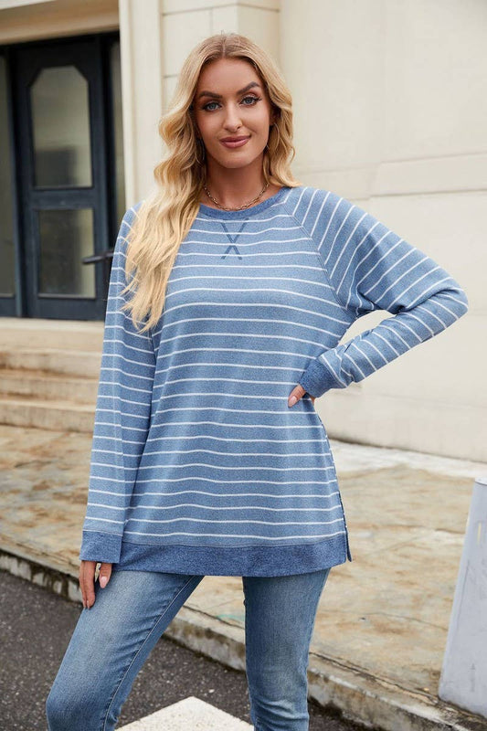 CWTBLL3663_STRIPED PATCHWORK ROUND NECK LONG SLEEVED T-SHIRT