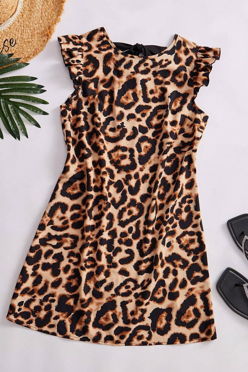 CWDSD7891_LEOPARD PRINT TIE NECK FLUTTER SLEEVE  DRESS