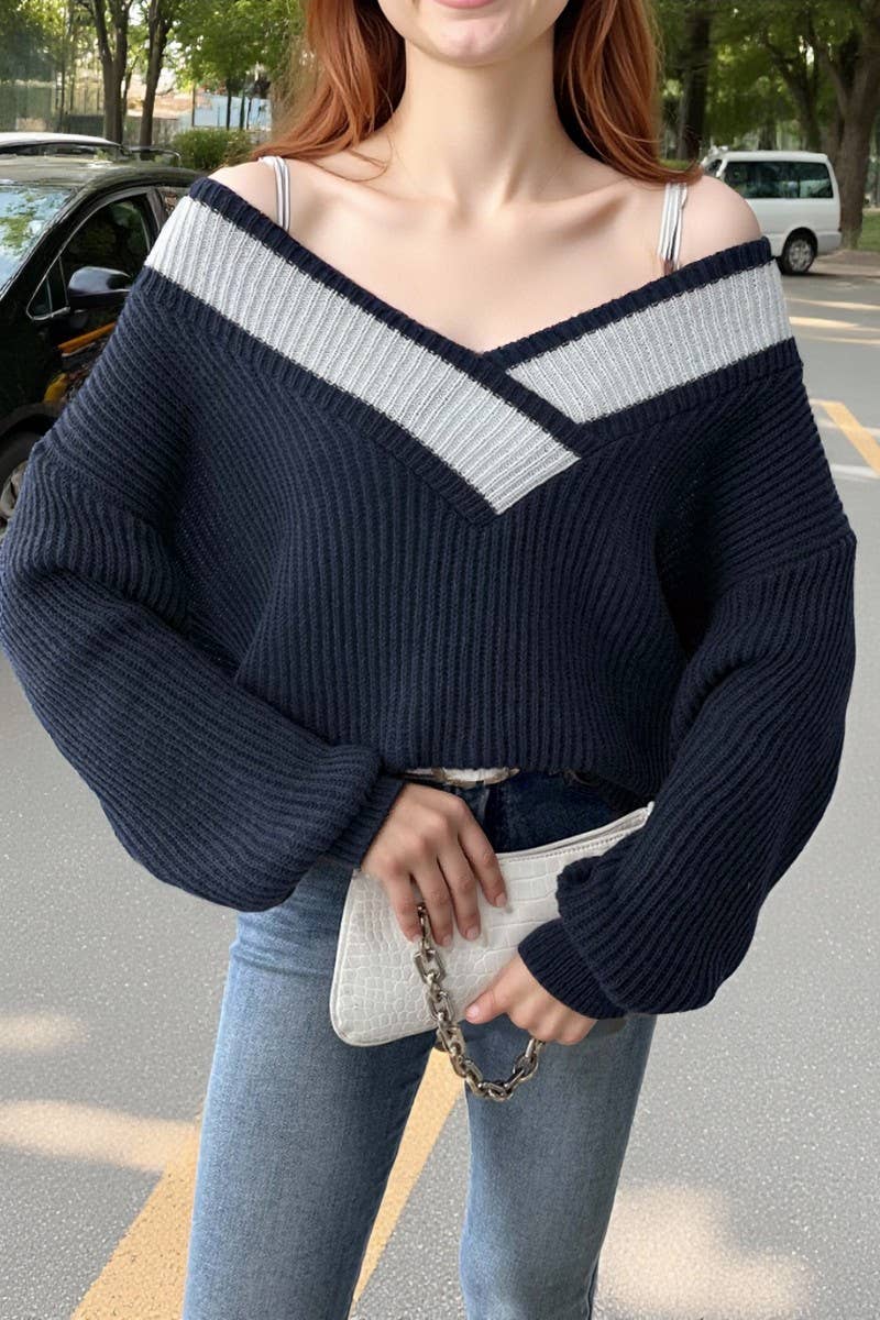 CWOSWL07340_WOMEN COLOR BLOCK V NECK LOOSE KNIT SWEATER