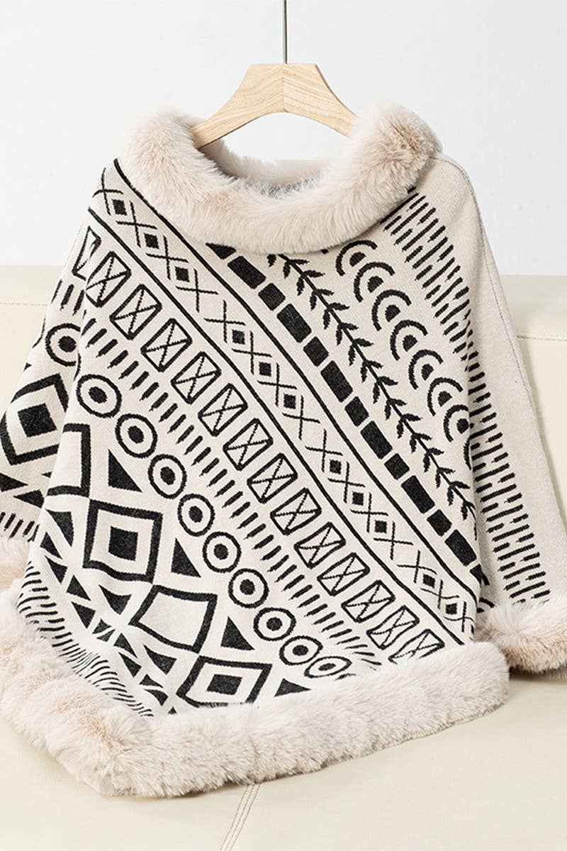 CWOSWS0094_FUR COLLAR GEOMETRIC PATTERN SWEATER SHAWL