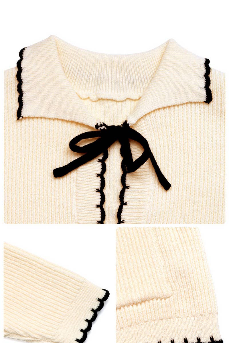 CWOCAL00583_CHIC BOW TIE CONTRAST TRIM CARDIGAN SWEATER