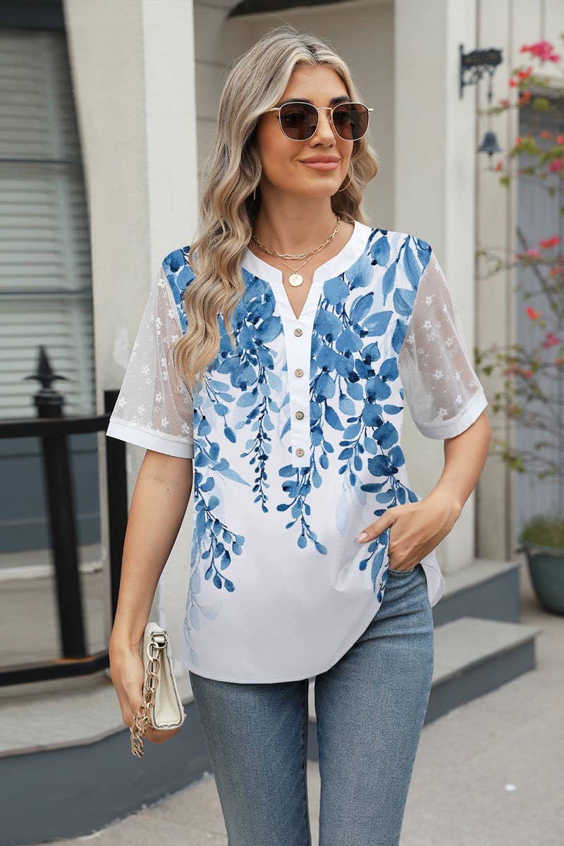 CWTBLS1706_V-NECK PRINTED CHIFFON SHORT-SLEEVED TOP