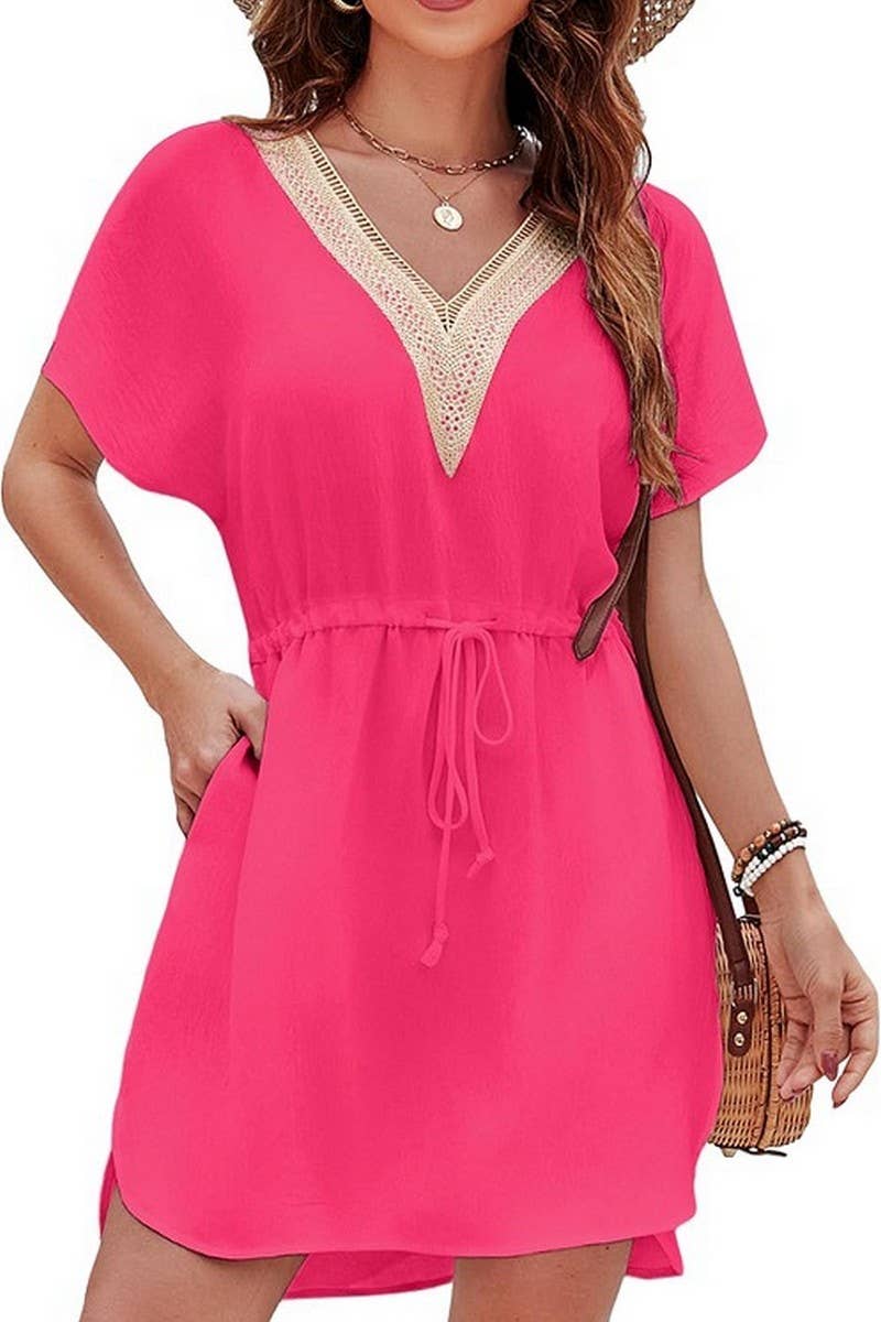 CWDSD8712_LACE TRIM V-NECK SMOCKED WAIST VACATION DRESS