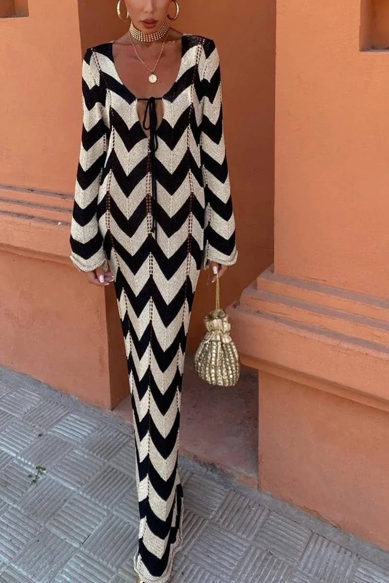 CWDMD4148_LONG-SLEEVED KNITTED ROUND NECK LACE HOLLOW DRESS