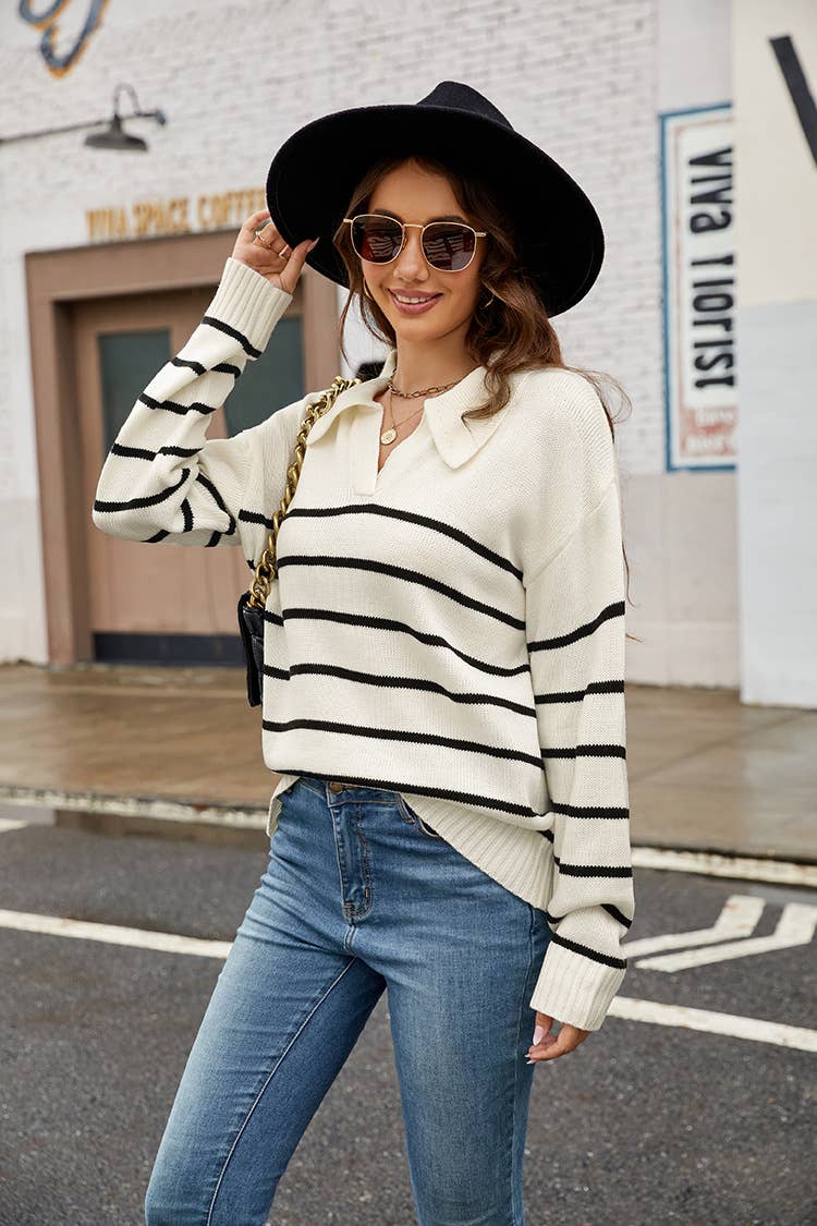 CASUAL POLO-NECK STRIPED PULLOVER