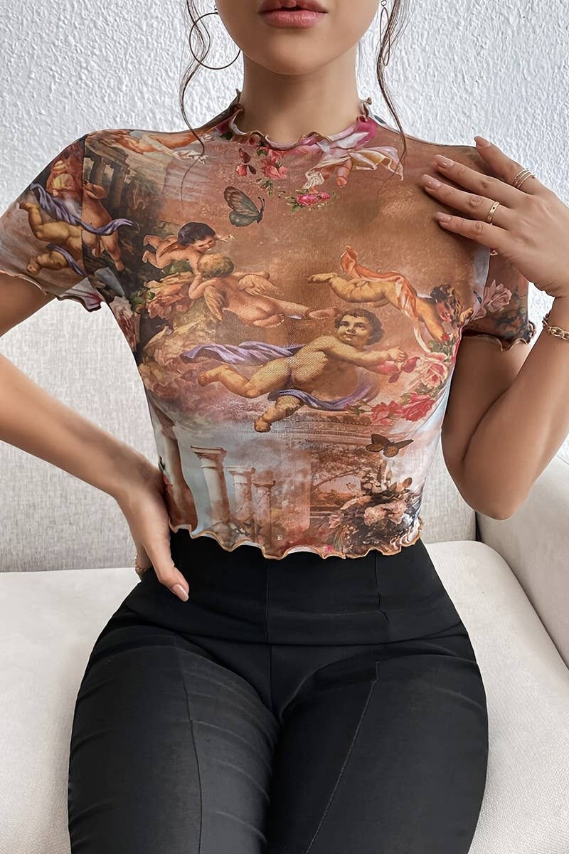 CWTBLS1534_MESH PRINTED RUFFLED SHORT SLEEVE T-SHIRT TOP