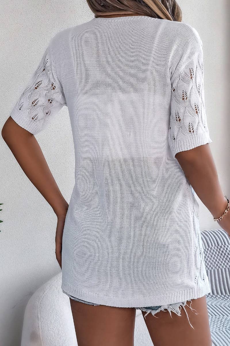 CWTBLS1063_KNITTED HOLLOW LEAF SHORT-SLEEVED SUNSCREEN SHIRT