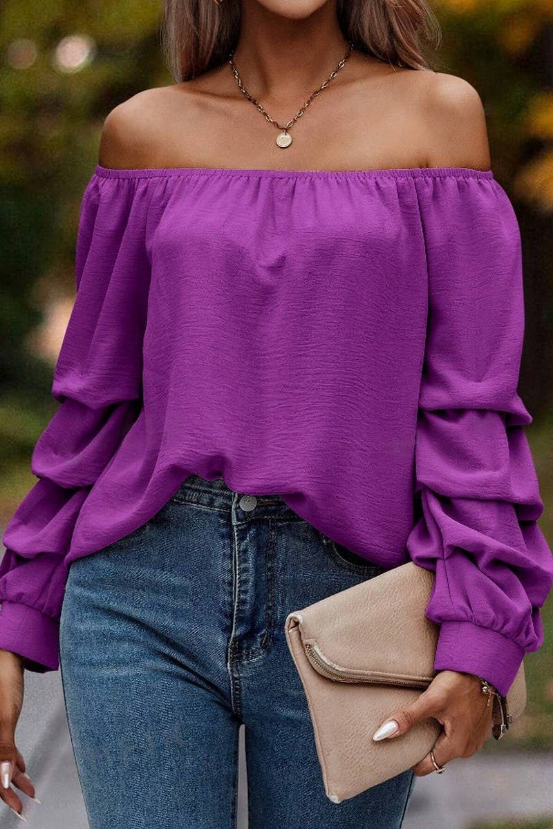 CWTBLL4006_SOLID OFF SHOULDER KNOT SLEEVE LONG SLEEVE SHIRT