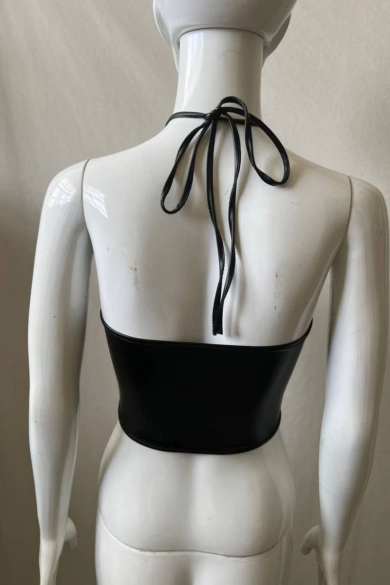 CWTHT0149_TIGHT-FITTING HALTERNECK TUBE TOP PU LEATHER TOP