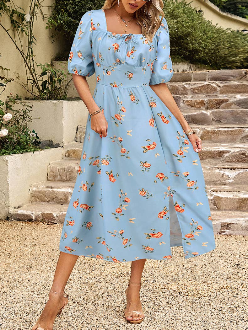 Floral Elegant Lantern Sleeve Dress