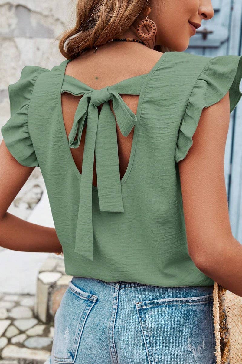 CWTBLSL0696_SOLID COLOR ROUND NECK RUFFLE BOW VEST TOP