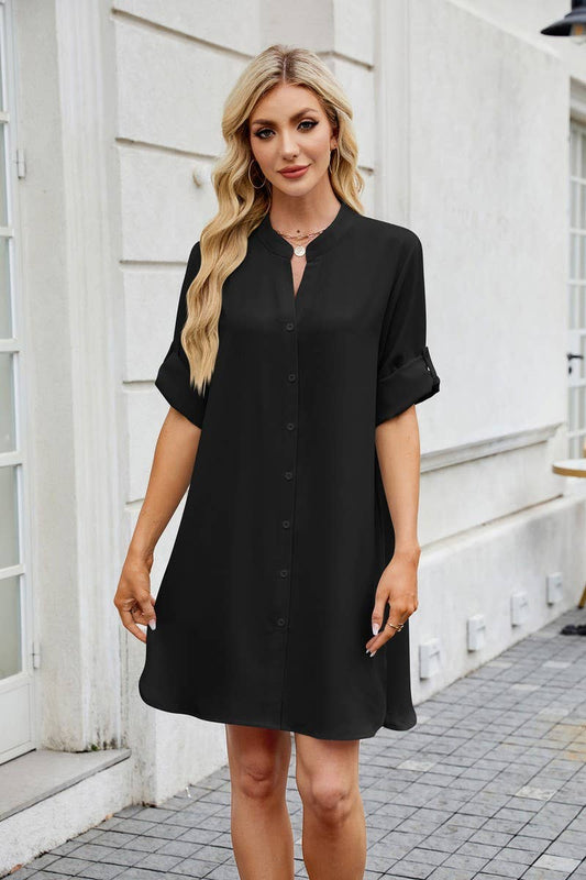 CWTDSS0073_SOLID LOOSE FIT MID SLEEVE BUTTON SHIRT DRESS