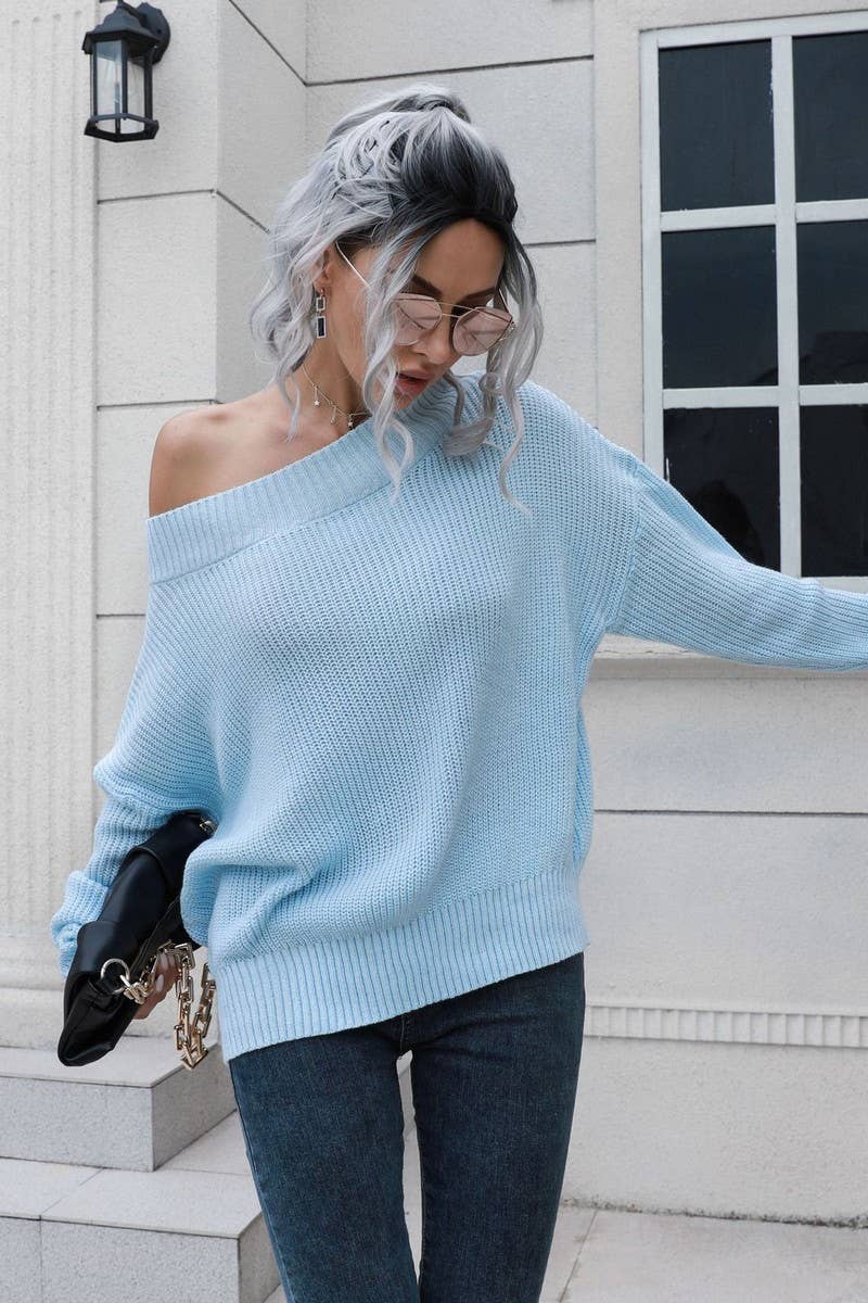 CWOSWL3882_OFF-SHOULDER LONG-SLEEVED KNITTED SWEATER