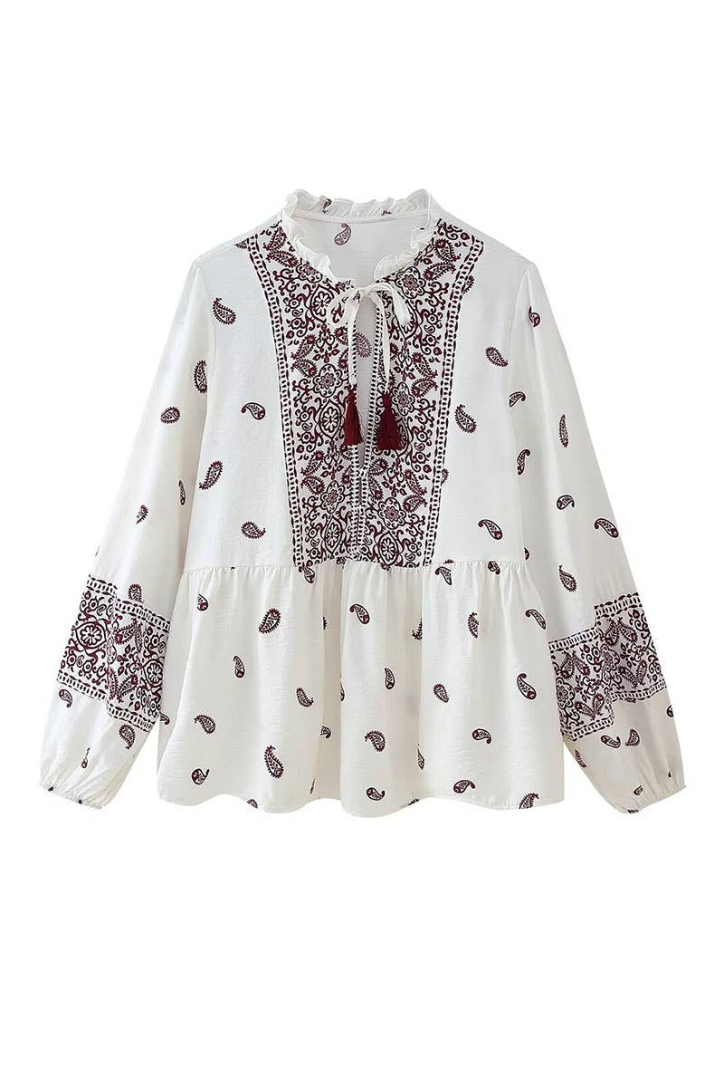CWTBLL3822_STREET FASHION LACE-UP PRINTED LONG SLEEVE SHIRT