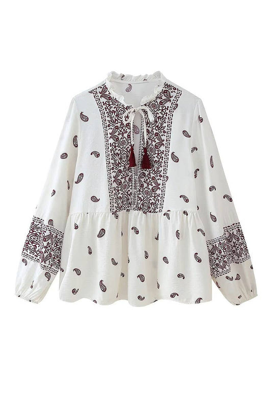 CWTBLL3822_STREET FASHION LACE-UP PRINTED LONG SLEEVE SHIRT