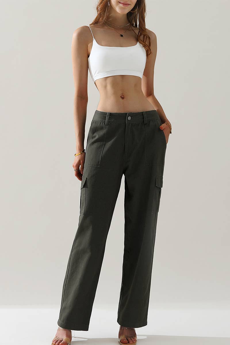 CWBLP421_Cargo Cotton Pants Wide Leg Casual Pants 4 Pockets