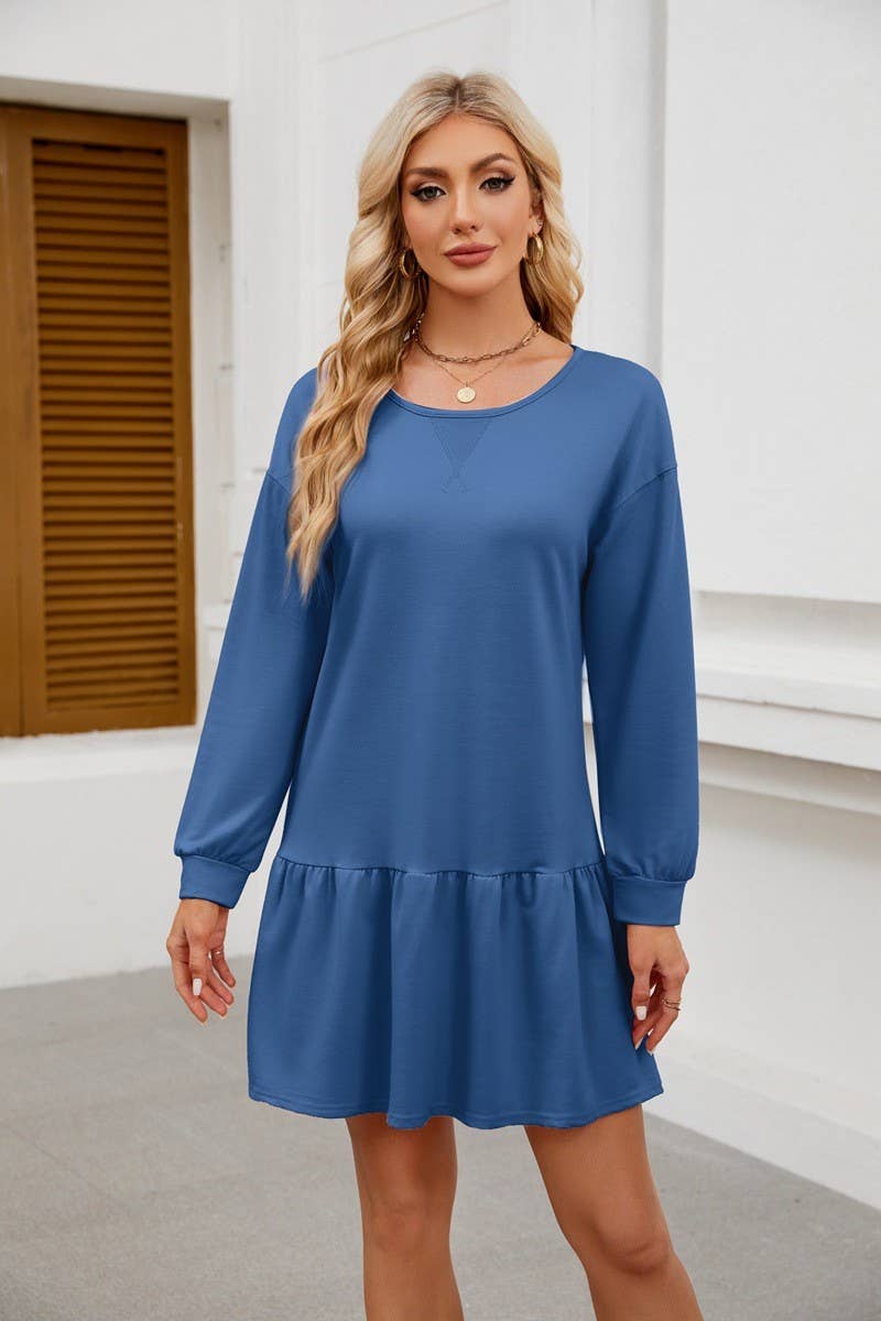 CWDSD8805_ROUND NECK LONG SLEEVE CASUAL DRESS