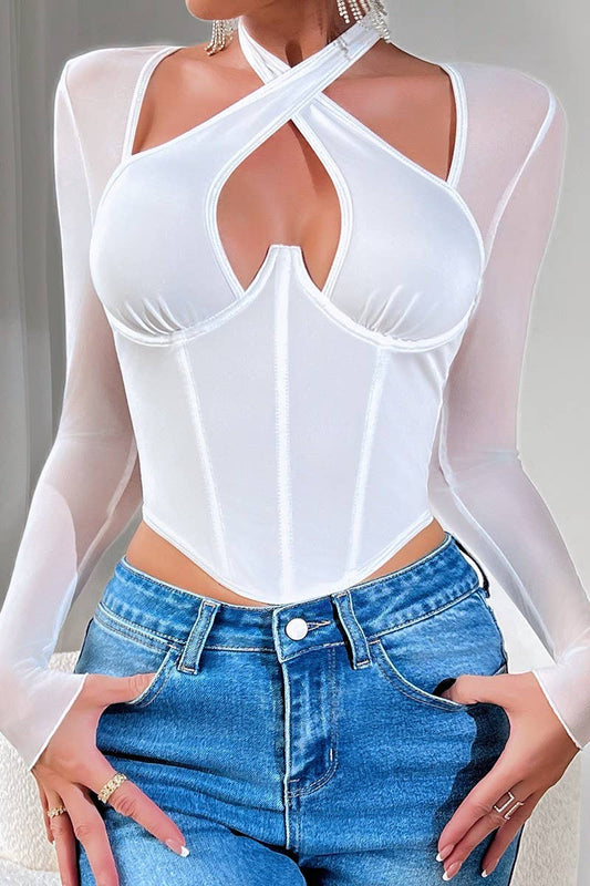 CWTBLL3635_CROSSOVER HALTER NECK LONG SLEEVE TUNIC TOP