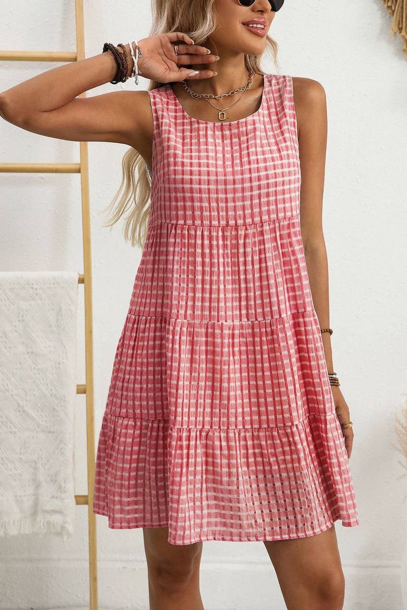 CWDSD8675_SLEEVELESS PLAID LOOSE FIT FLOWY DRESS