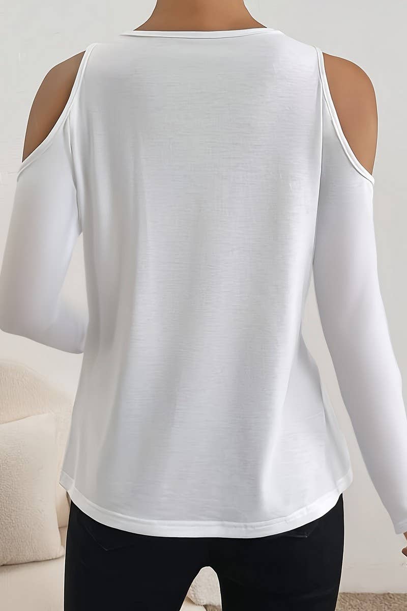 CWTBLL3560_LACE V-NECK OFF-SHOULDER LONG-SLEEVED T-SHIRT TOP