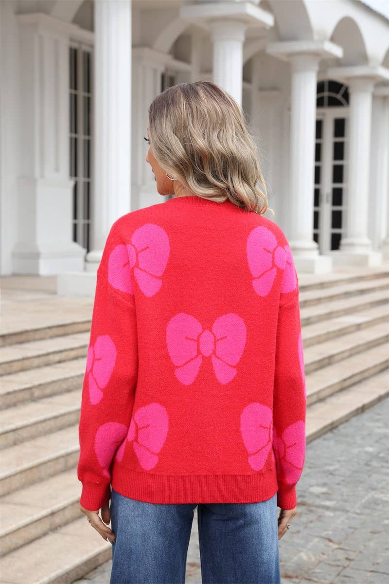 CWOSWL3068_BOW PRINT CREW NECK KNITTED SWEATER
