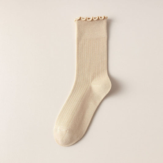 Vertical Stripes Thin Solid Ruffle Crew Socks
