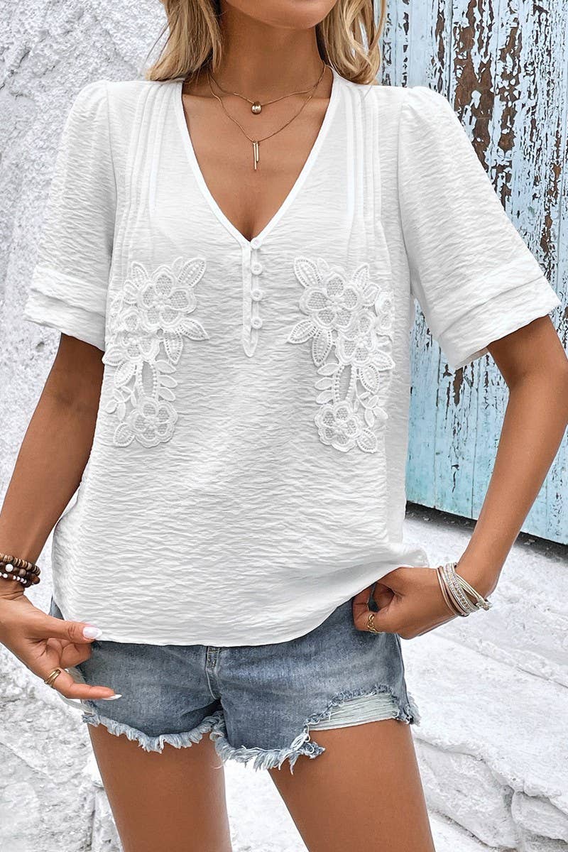 CWTBLS1997_V-NECK PULLOVER SOLID COLOR SHORT SLEEVE TOP