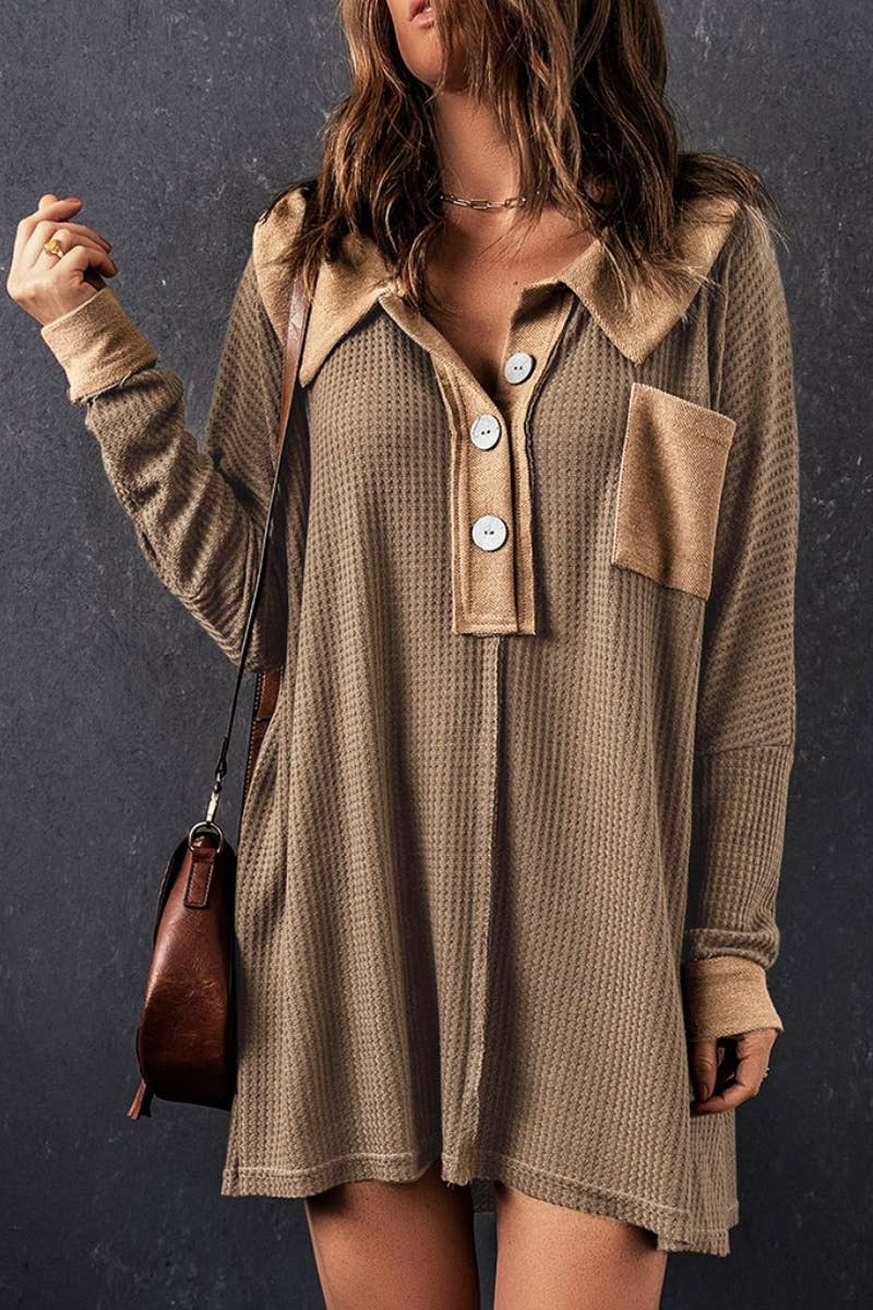 CWOSWL6707_WAFFLE BUTTON POCKET LONG SLEEVE BLOUSE