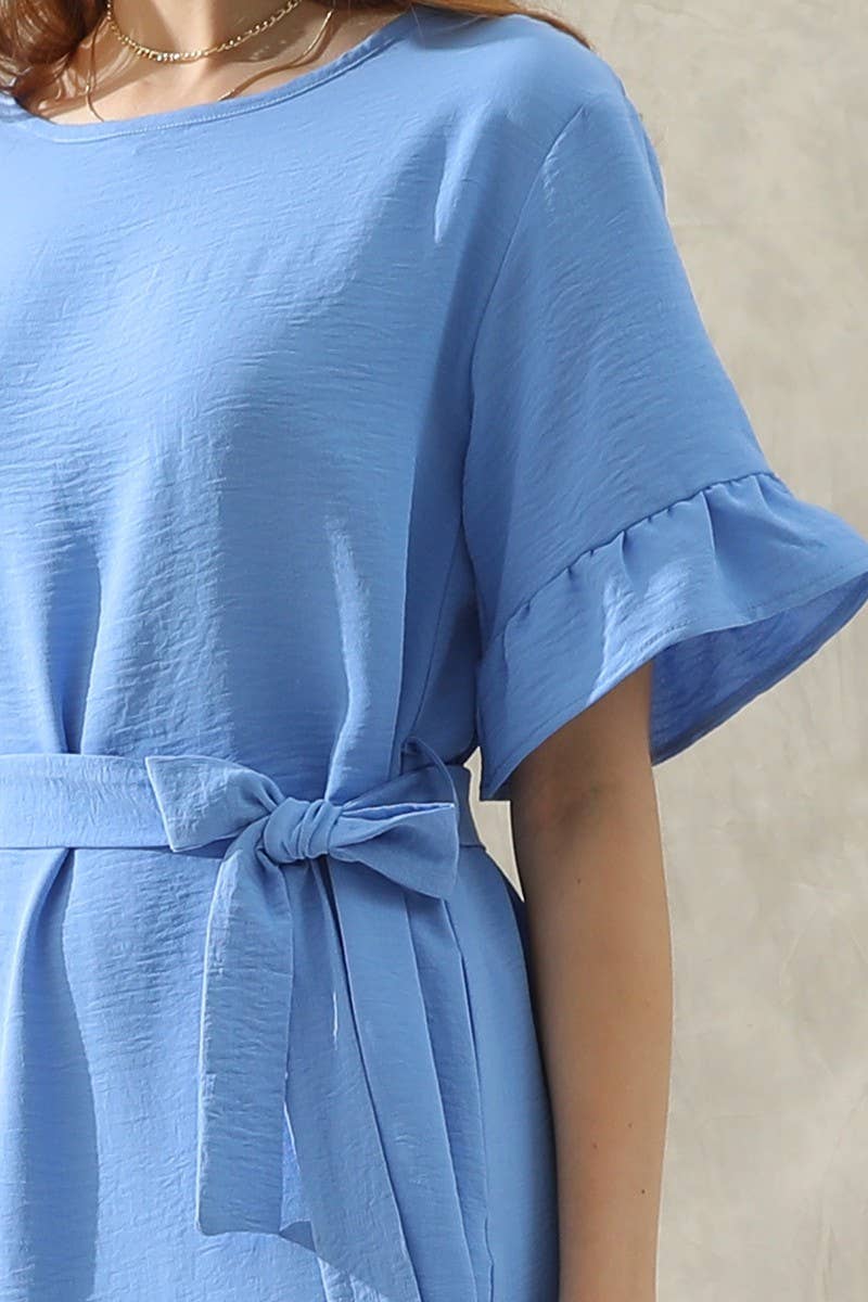 CWDSD10405_WAIST BOW TIE MIDI RUFFLE SHORT MIDI DRESS